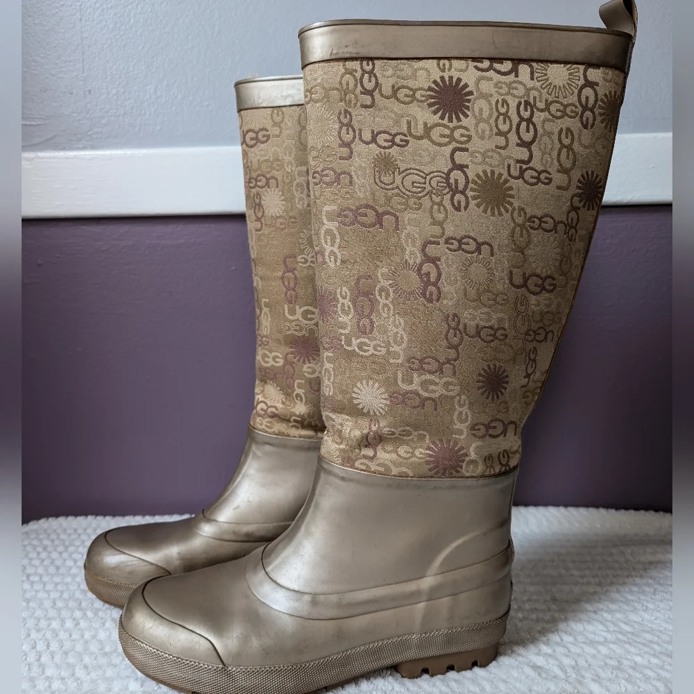 VTG Y2K UGG Wallingford Wellies Gold Sheepskin Logo Print Rain Boots Women's 7 - Picture 7 of 14